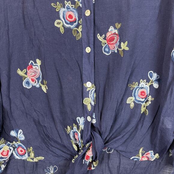 Anthropologie Fig and Flower Tunic XL Embroidered Floral Button Long Sleeve Blue - Picture 3 of 11